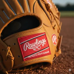 Close-up of the iconic Rawlings logo patch embroidered on the back of a premium Heart of the Hide infield glove.