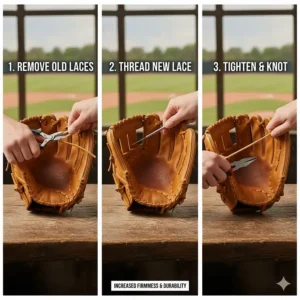 Detailed instruction graphic on how to replace the lacing on an outfield glove for increased firmness and durability.
