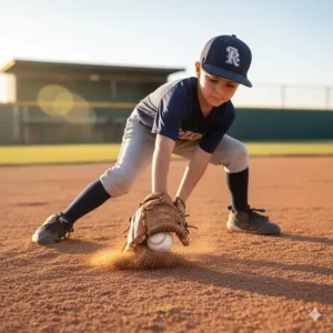 Action shot of a young athlete properly fielding a ground ball with their youth first baseman glove.