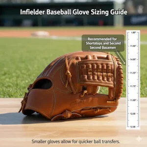 Sizing chart illustrating the recommended range of glove lengths (11.25" to 11.75") for a shortstop or second base infielder baseball glove.