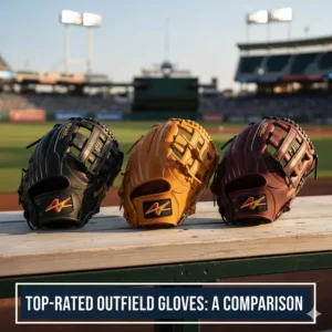 A lineup of three top-rated outfield gloves from different brands, showing their distinct patterns and colors.