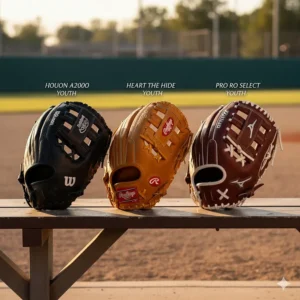 Side-by-side comparison of three top-rated youth catchers gloves from different brands.
