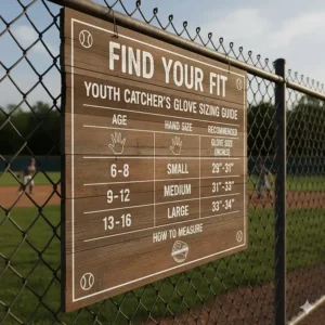 Sizing chart for a youth catcher's glove to help determine the correct fit.