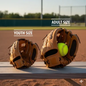 Side-by-side view comparing a youth fastpitch softball catcher's glove with an adult model, showing size and padding differences.