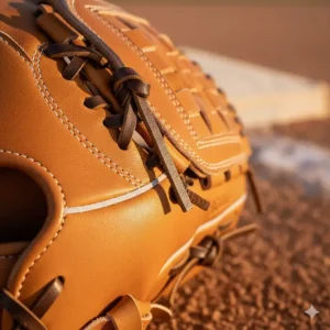 Texture and stitching detail of the durable leather used to construct the youth first baseman glove.