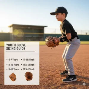 Sizing chart and image demonstrating the correct fit for a youth first baseman glove on a young player's hand.