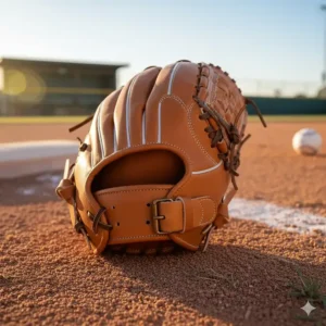 Back view of the adjustable wrist strap on the youth first baseman glove ensuring a secure fit for younger players.