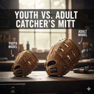 Side-by-side photo comparison detailing the size differences between a youth catchers glove and an adult model.