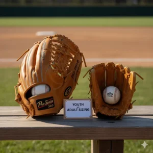 Size comparison of a youth first base glove and an adult first base glove, helping players choose the correct size for their age.