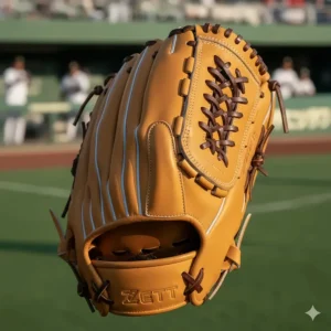 Rear view of the closed back design of the Zett glove, a traditional style for pitchers.
