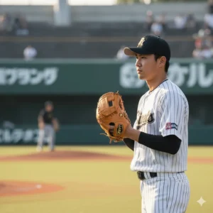 Pitcher wearing the Zett glove on the sideline, ready to enter the game.