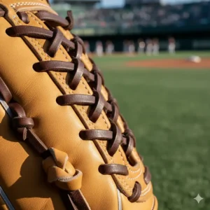 Focus on the durable lacing and stitching of the high-quality Zett pitcher glove.
