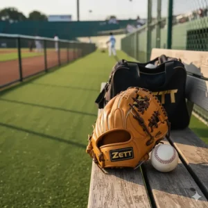 New Zett pitcher glove waiting on the sideline bench, ready for its next outing.