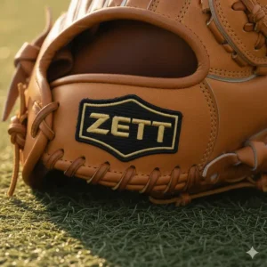 Detailed shot of the embossed Zett logo on the wrist of the pitcher glove.