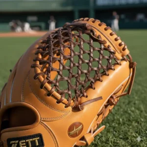 Close-up view of the Zett pitcher glove web design, ideal for concealing grip from the sideline.