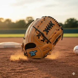 A graphic highlighting an 11.75 inch infield glove with a durable H-Web, providing a strong pocket for third basemen facing hard-hit balls.