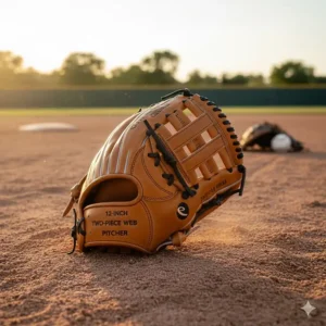 Illustration of a 12 inch baseball glove featuring a two-piece closed web, commonly used by pitchers to conceal grip and for utility fielding.