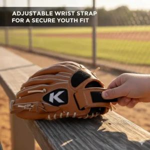 Close-up image of an adjustable wrist closure for a better fit on a youth baseball glove.