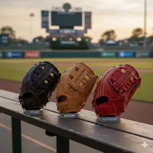 A lineup of specific left handed baseball gloves for a pitcher, infielder, and outfielder.