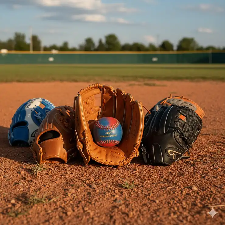 A selection of the best slowpitch softball gloves displayed on a field, highlighting different sizes and web patterns.
