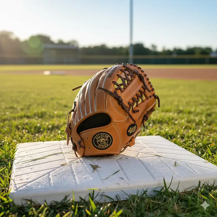 A brand new, high-quality leather softball glove resting on a home plate, highlighting the pocket and laces. This is one of the best softball gloves available for serious players.