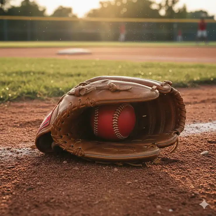 A close-up shot of a high-quality leather men's softball glove on a field, ready for use in a game. softball gloves men