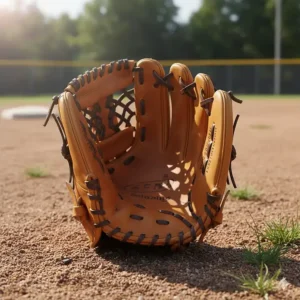 Close-up shot of a deep-pocket, open-web softball glove, ideal for infield positions like shortstop and second base, known for quick transfers.