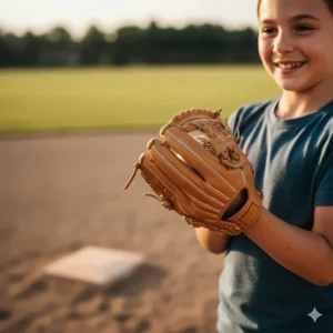 A small, easy-to-close softball glove on a young player's hand, perfect as the best softball glove choice for beginners.