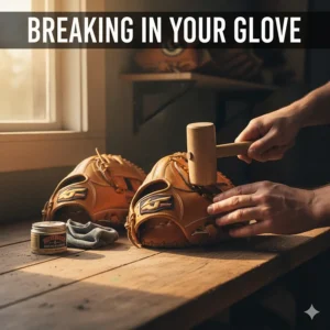 Image showing the process of breaking in 11.75 and 12 inch baseball gloves using glove oil and a mallet to create a custom pocket.