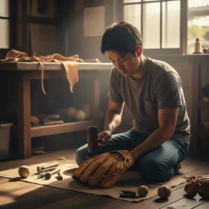 A player carefully breaking in their new Japanese baseball glove, showing the slow and intentional process required for the stiff leather.