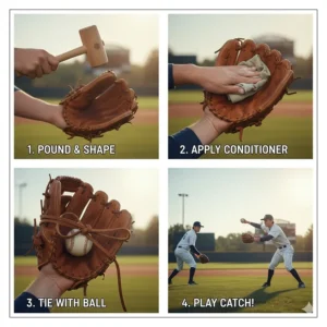 Steps illustrating how to properly break in a stiff new left handed baseball glove for a better fit.
