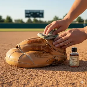 An image demonstrating the safe and effective process for breaking in a new catchers glove for softball, such as applying conditioning oil.