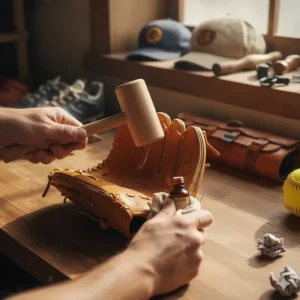 A player using a conditioning oil or mallet to break in a new softball glove to create a custom pocket and a perfect fit.