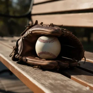 A single, high-quality photograph of a dark brown retro baseball glove with an official baseball tucked inside.