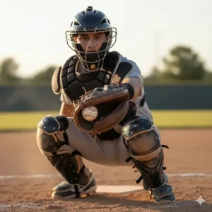 Catcher demonstrating proper receiving technique using a durable baseball training glove to absorb the impact of fast pitches.