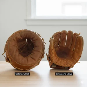 A side-by-side comparison of a classic catcher's mitt and a smaller, retro infielder's glove.