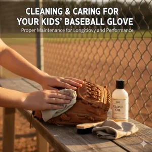 Illustration demonstrating the proper way to clean and condition kids' baseball gloves for longevity.