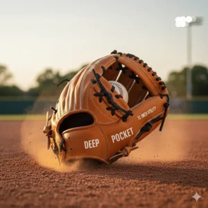 Illustration emphasizing the deep pocket and reinforced palm of a 12 inch utility baseball glove, suitable for both infield and pitching roles.