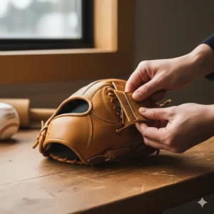 Adjustable wrist strap and hand opening on a typical fastpitch softball glove for a secure, custom fit.