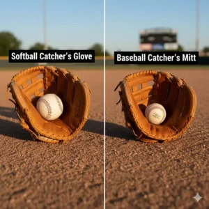 A side-by-side comparison illustrating the size and design differences between a fastpitch catchers glove for softball and a standard baseball catcher's mitt.