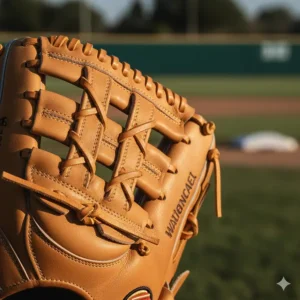 Detailed shot of the high-quality leather and web pattern of a premium baseball training glove.