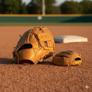 Comparison of a standard baseball glove next to a smaller-sized baseball training glove for perspective on training tools.
