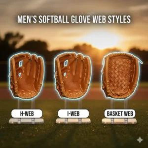 Close-up illustration of the different web styles (H-web, I-web, Basket) available for men's softball gloves.