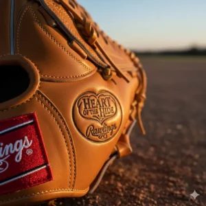 Close-up of the embossed Heart of the Hide logo stamping on the wrist of the Rawlings glove.