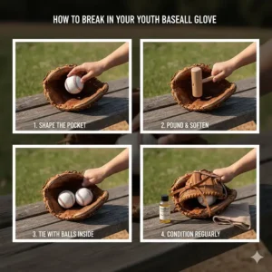 Step-by-step illustration of the best methods for breaking in a new baseball glove for a child.