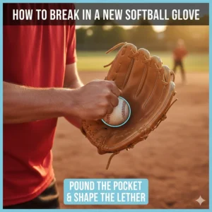 Step-by-step image showing an adult male softening and shaping a new leather softball glove.