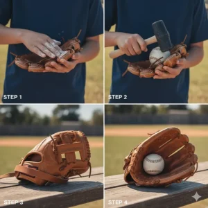 Step-by-step image showing how to properly break in a new left handed youth baseball glove to form a deep, custom pocket.