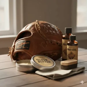 Image of a leather conditioning kit next to a vintage baseball glove, used for proper care and maintenance.