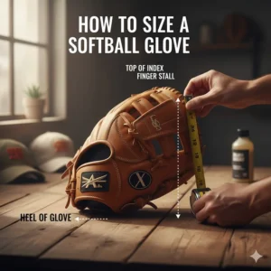 An infographic showing how to measure the length of a softball glove from the heel to the top of the index finger stall.