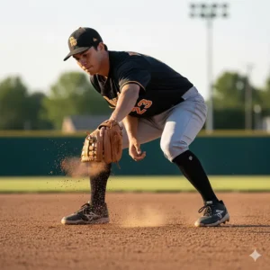 Baseball training glove being used by an infielder to catch ground balls during a defensive fielding drill.